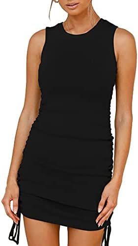 BTFBM Women Sleeveless Bodycon Ruched Short Dress Side Drawstring Solid Crew Neck Casual Summer T... | Amazon (US)