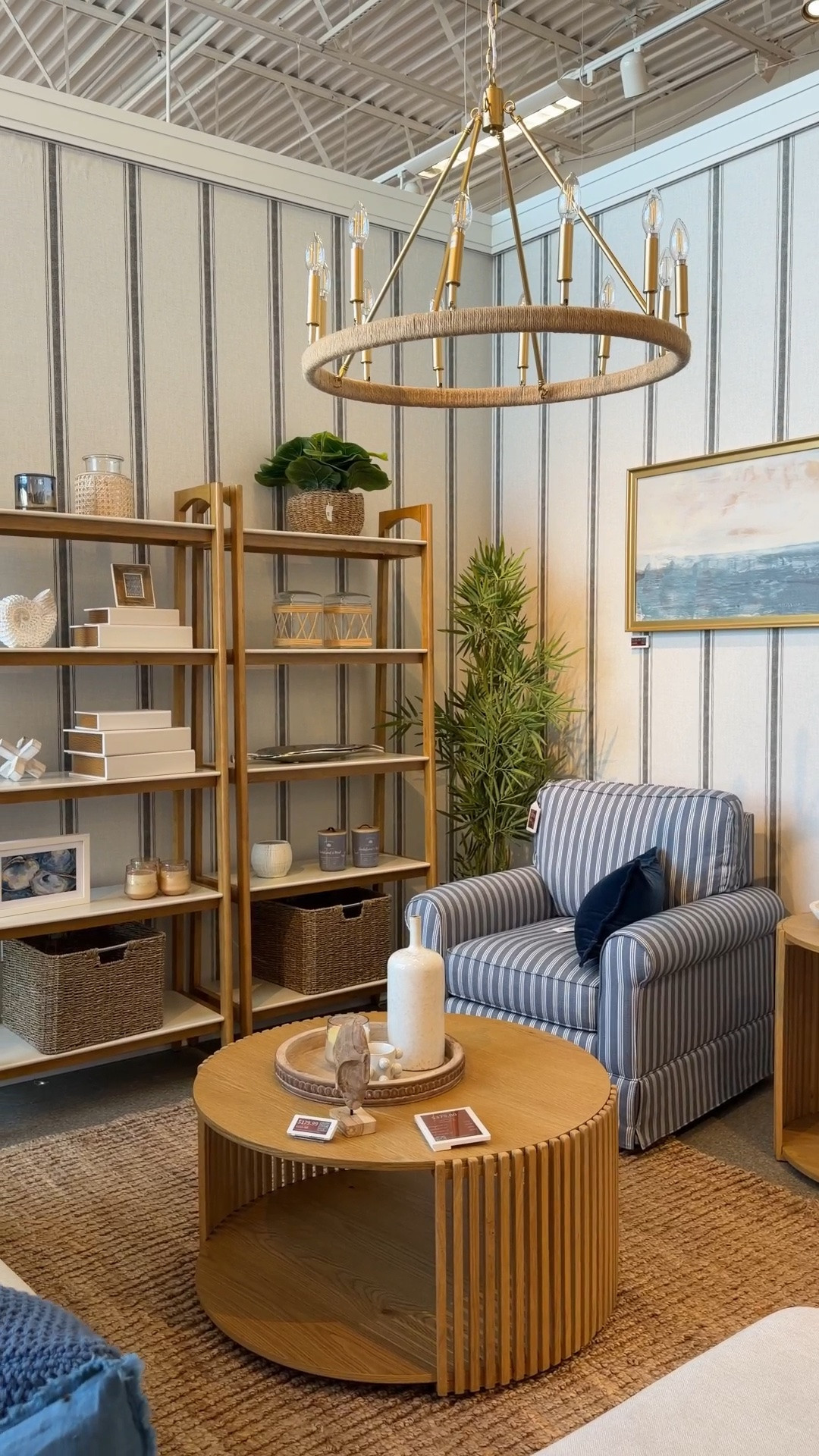 Coastal cottage charm from Wayfair! 😍  This styled space feels so fresh and inviting with its neutral furniture, classic striped wallpaper, and the perfect pop of blue from the striped accent chair. 🌊🐚💙 I love how the coastal décor and nautical-inspired details throughout bring so much character to the room while keeping it feeling polished and beautifully collected. I’ve linked the entire look in my LTK! ✨ @Wayfair #coastaldecor #livingroomdecor #coastalcottage

#LTKHome #LTKSaleAlert