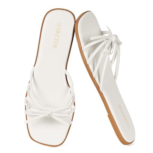 SKETOE Women's Strappy Sandals Square Open Toe Bow Sandals for Women Dressy Summer Flat Sandals for Beach Vacation | Amazon (US)