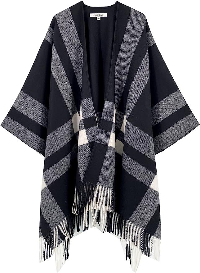 Moss Rose Women's Travel Plaid Shawl Wrap Open Front Poncho Cape for Fall Winter | Amazon (US)