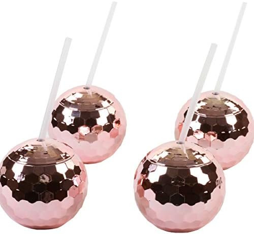 Andaz Press 1970s Disco Ball 19 oz Drink Tumbler with Straw, Rose Gold Pink Champagne Copper, 4-Pack | Amazon (US)