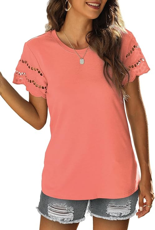 Womens Lace Short Sleeve T Shirts Summer Tops Loose Casual Tee Shirt | Amazon (US)
