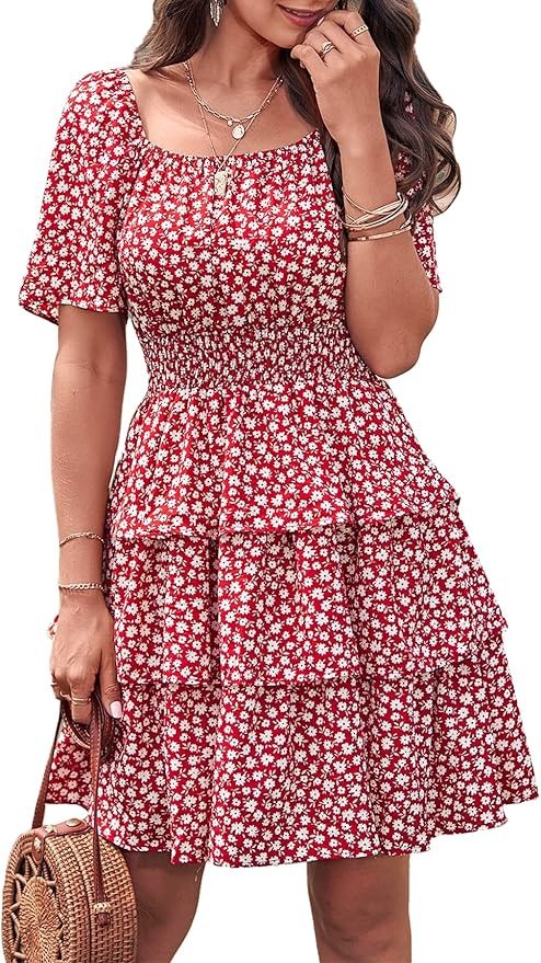 PRETTYGARDEN Women's 2026 Floral Summer Short Dress Square Neck Short Sleeve Tiered Ruffle Boho S... | Amazon (US)