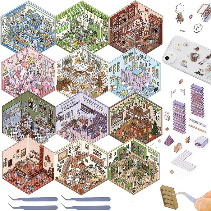 12 Set DIY 3D House Scene Stickers, Fun DIY 3D Sticker Scene Make Your Own Mini Room Coffee Shop ... | Amazon (US)