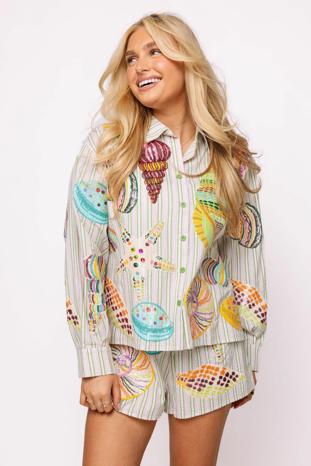 Striped Button Up Multi Shell Long Sleeve Top | Queen of Sparkles