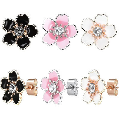 3 Pairs Flower Stud Earrings for Women, Cherry Blossom Daisy and Rose Designs | Target