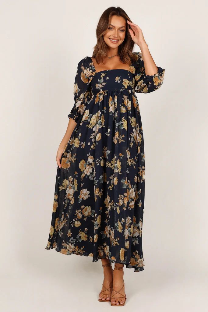 Luanne Puff Sleeve Midi Dress - Navy Floral | Petal & Pup (US)