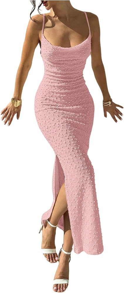Floerns Women's Draped Cowl Neck Long Dress Spaghetti Strap Slit Party Bodycon Dresses | Amazon (US)