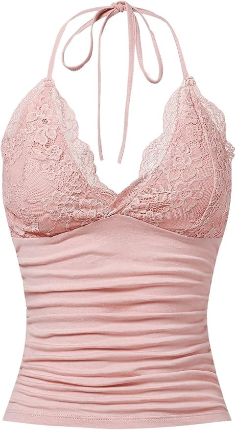 MakeMeChic Women's Halter Top Y2K Lace Ruched V Neck Halter Tank Tops Cami Top | Amazon (US)