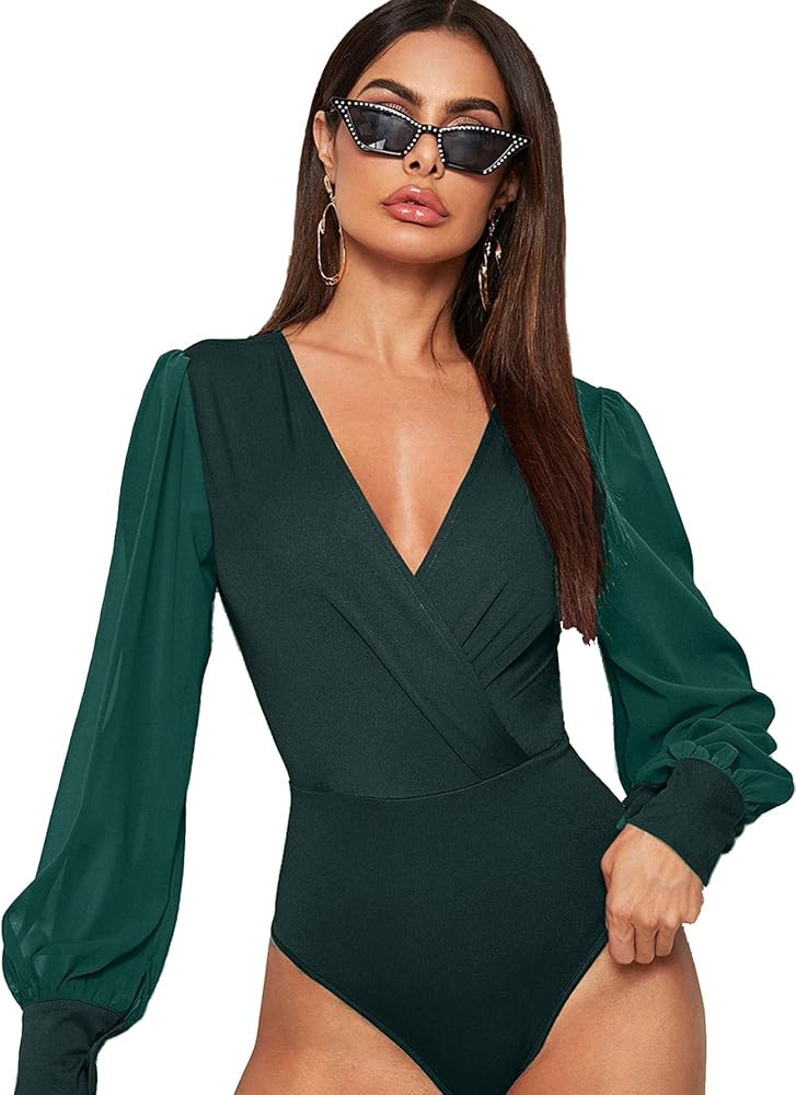 SOLY HUX Women's V Neck Surplice Front Lantern Long Sleeve Bodysuit | Amazon (US)