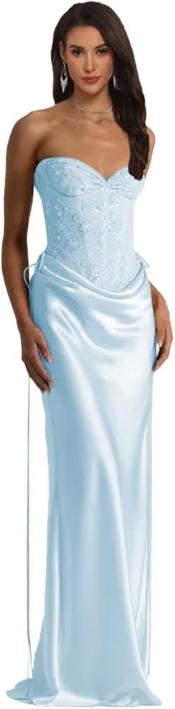 Strapless Mermaid Prom Dress Sequin Beaded Sweetheart Bridesmaid Dresses Satin Bodycon Formal Eve... | Amazon (US)