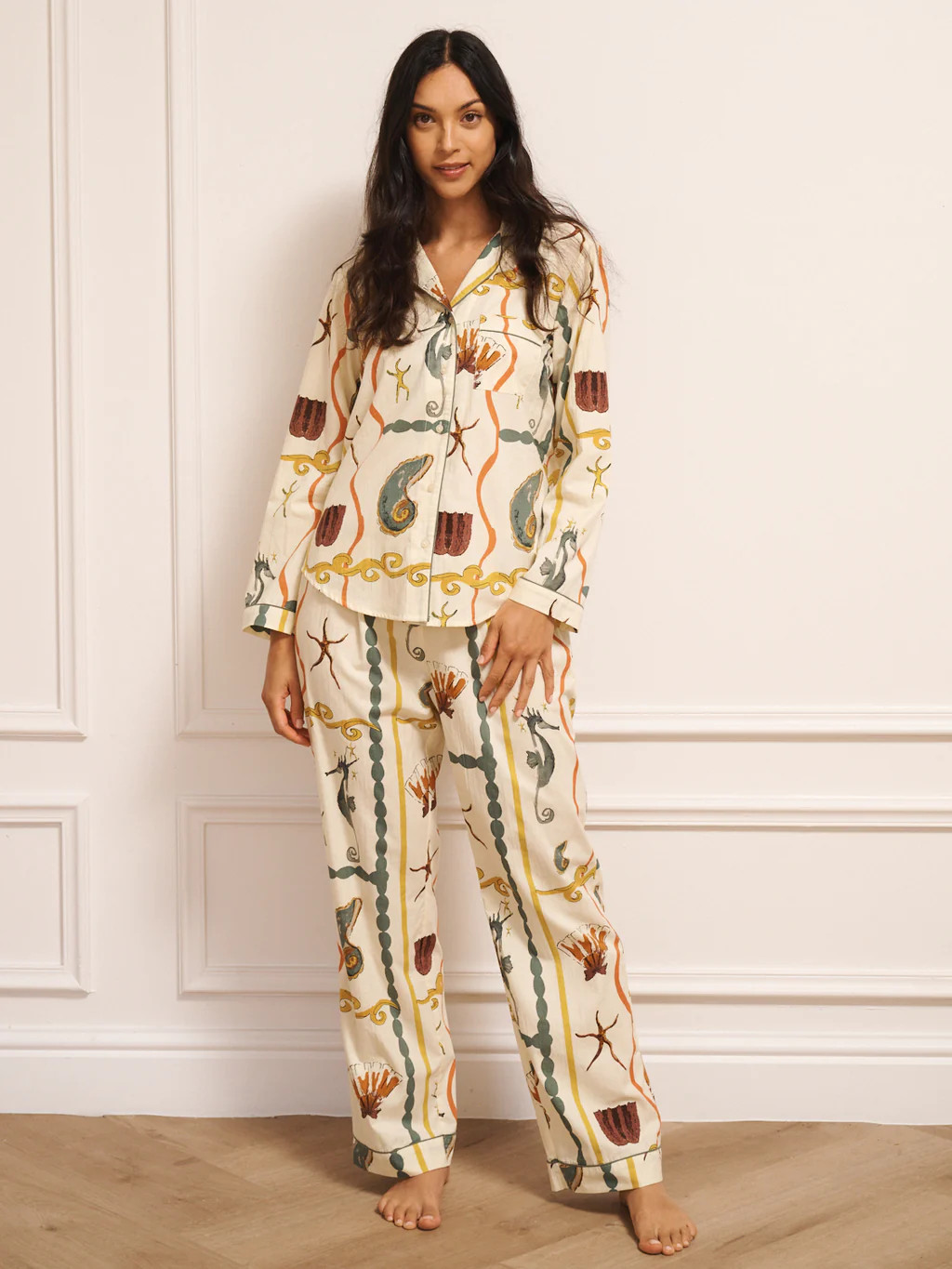 Womens Cotton Traditional Pyjamas Natural Sea Life Tile | Their Nibs UK