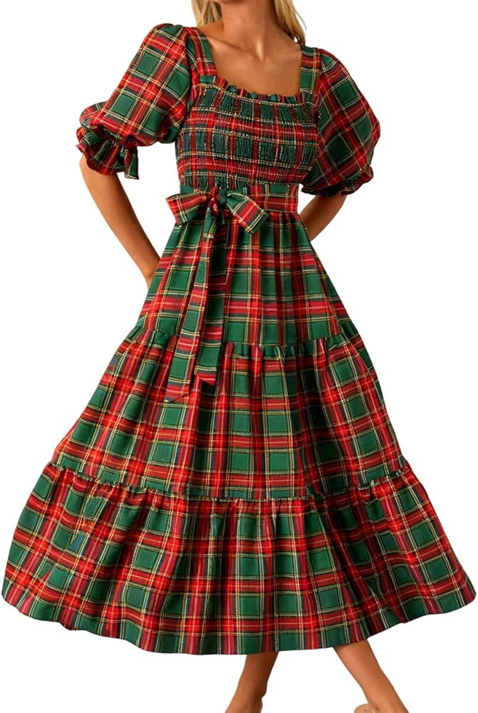 Women Plaid Puff Sleeve Maxi Dress Y2K Square Neck Smocked Ruffled Flowy Dress Vintage Christmas ... | Amazon (US)