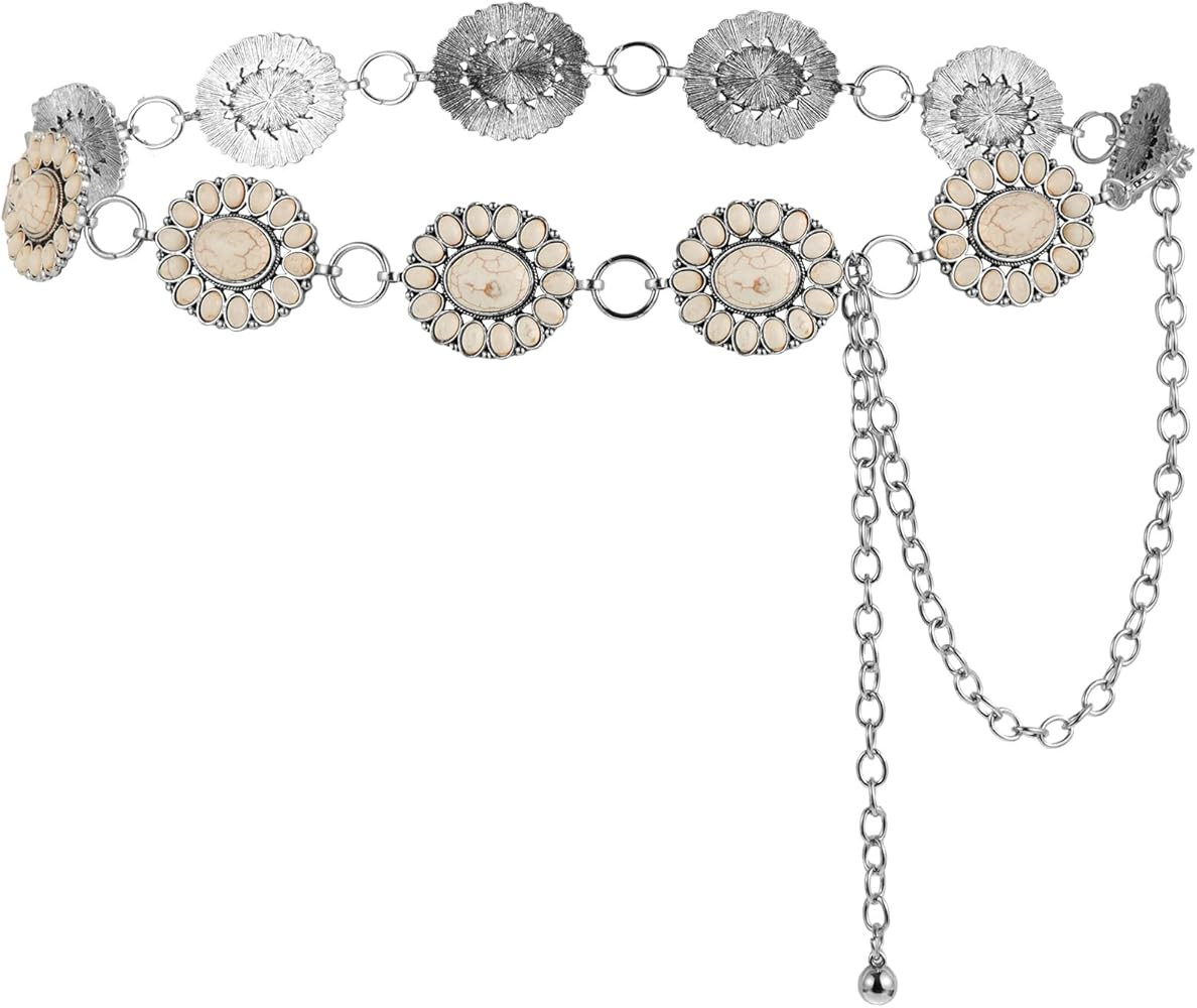 Tarpop Turquoise Belt for Women Western Concho Chain Belt Oval Round Flower Adjustable Metal Belt... | Amazon (US)
