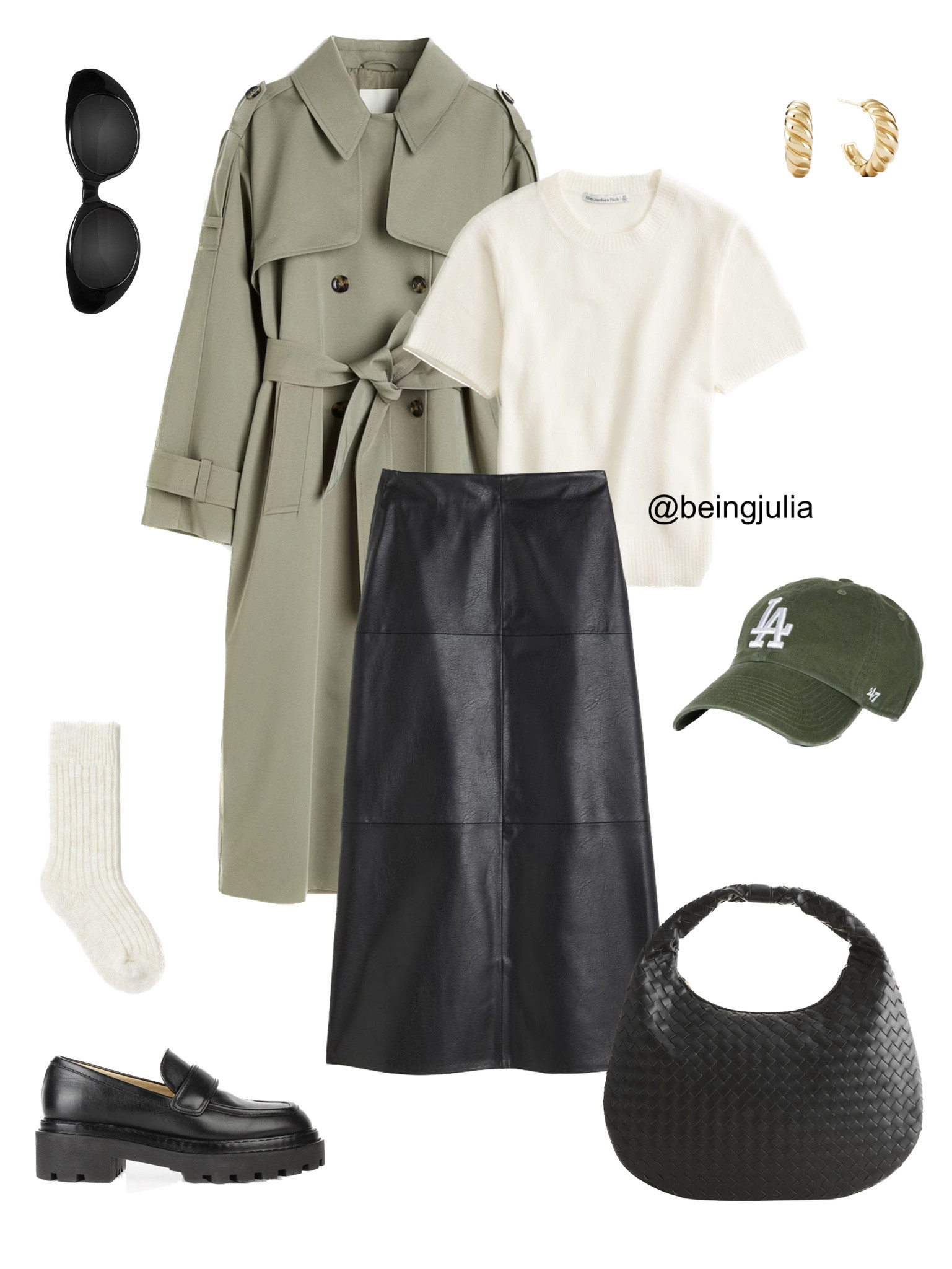 Fall outfit inspiration - details below:

-Long trench coat in the colour khaki green from H&M. 
-Coated maxi skirt, faux leather maxi skirt from H&M. 
-Fuzzy short sleeve crew sweater tee in white from Abercrombie. 
-Wool blend socks from H&M 
-Black woven shoulder bag from Abercrombie. 
-Poppy Barley lug sole black loafers. 
-Celine Triomphe 52mm sunglasses in black acetate. 
-Baseball cap in green from Dynamite. 
-Mejuri croissant dome hoop earrings in gold. 



#LTKSeasonal #LTKBacktoSchool #LTKstyletip