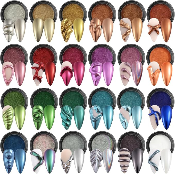 24 Colors Chrome Nail Powder Set Metallic Mirror Effect Gold Silver Pink Chrome Nail Powder White... | Amazon (US)