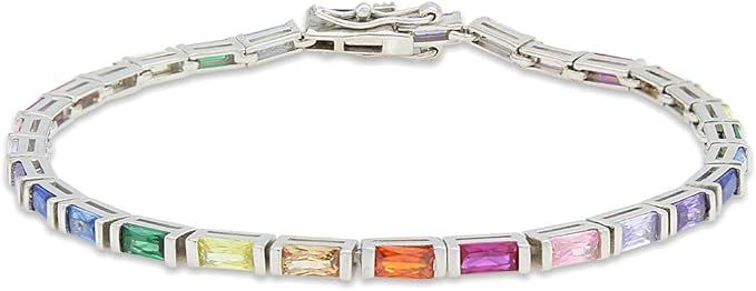 AFFY 14k White Gold Plated 925 Sterling Silver Colourful Rainbow Baguette Sparkling Multi Color G... | Amazon (US)