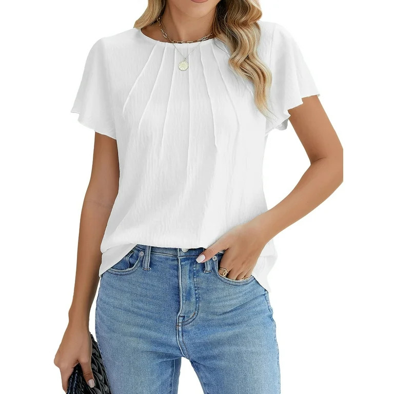 Fantaslook Pleated Blouses for Women Dressy Casual Tops Business Work Shirts Ruffle Sleeve Crew N... | Walmart (US)