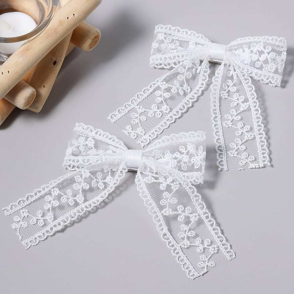 White Lace Hair Bow Clips for Women Bridal Flower Girls Wedding Accessories Large Long Tail Ribbo... | Amazon (US)