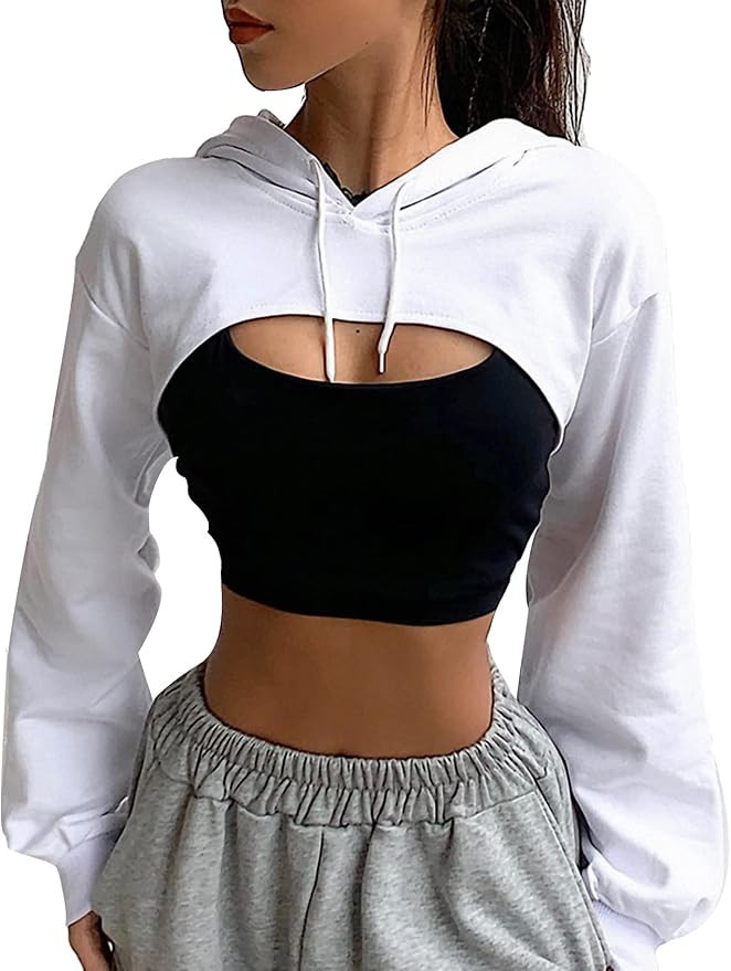 Hotmiss Women's Cropped Long Sleeve Cut Out Hoodie Tops Workout Loose Cut-out Pullover Sweatshirt | Amazon (US)