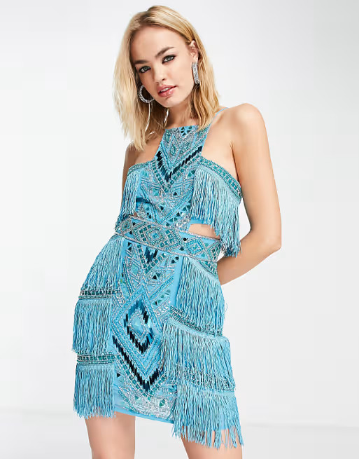 ASOS DESIGN high neck embellished mini dress with fringe in blue  | ASOS | ASOS (Global)