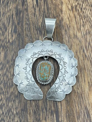 Native American Sterling Silver Navajo Handmade Stamped Turquoise Naja Pendant  | eBay | eBay US