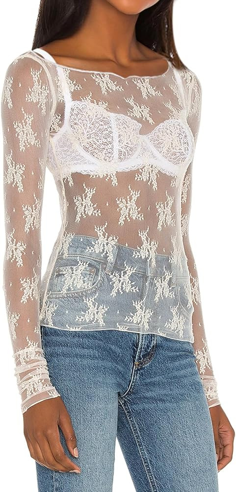 Womens Mesh Sheer Tops Long Sleeve Crew Neck See Through Sexy Shirt Clubwear Lace Floral Blouse L... | Amazon (US)