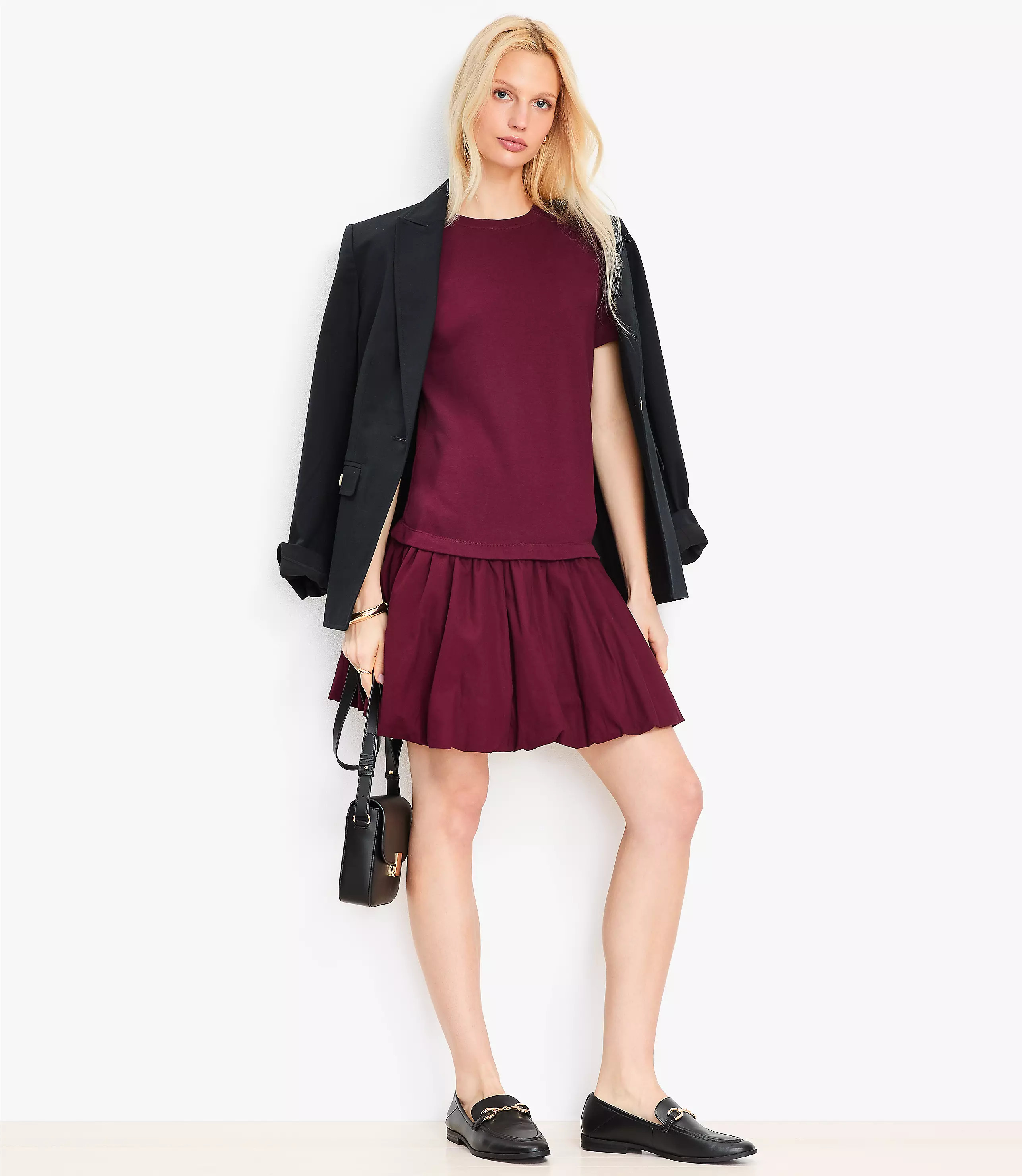 Bubble Hem Mixed Media Mini Dress | LOFT