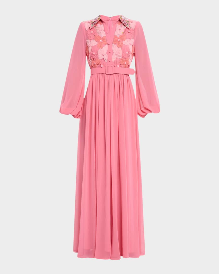 Badgley Mischka Collection Belted Floral-Embroidered Shirt Gown | Neiman Marcus