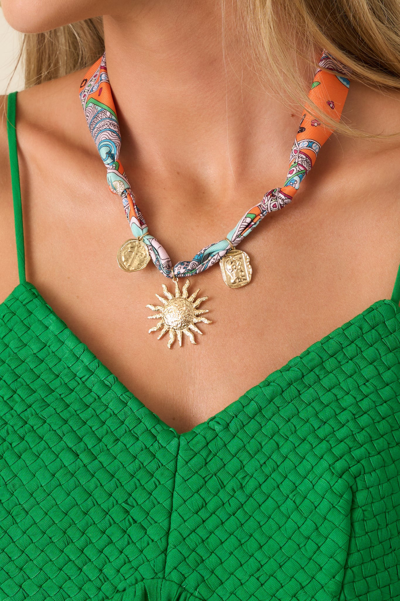 Sun Story Orange Multi Scarf Gold Charm Necklace | Red Dress