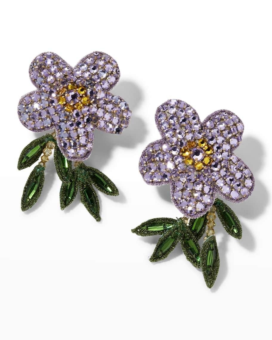 Oscar de la Renta Embroidered Crystal Flower Clip Earrings | Neiman Marcus