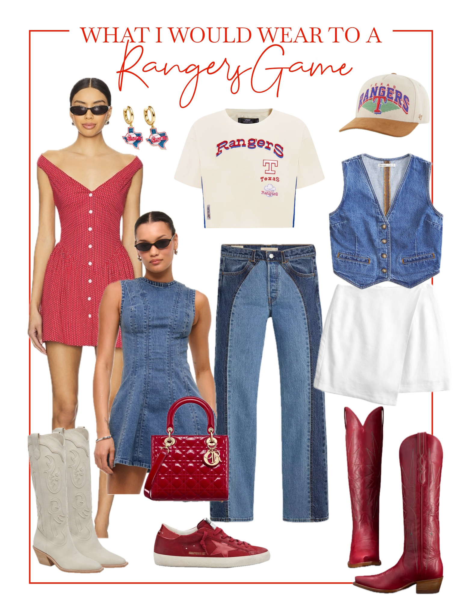 Calling all Texas Ranger Fans - give me red, white and blue! 😍 it’s not a Texas game without a few pair of boots right?! Linked everything! Texas shirt is from pro standard and couldn’t link

What I would wear to a Texas Rangers Game, baseball ootd, spring training outfit, Dallas outfits, rodeo outfits, baseball game outfits, gameday outfit, Abercrombie sale, revolve dresses, cowboy boots 

#LTKFindsUnder50 #LTKSpringSale #LTKStyleTip