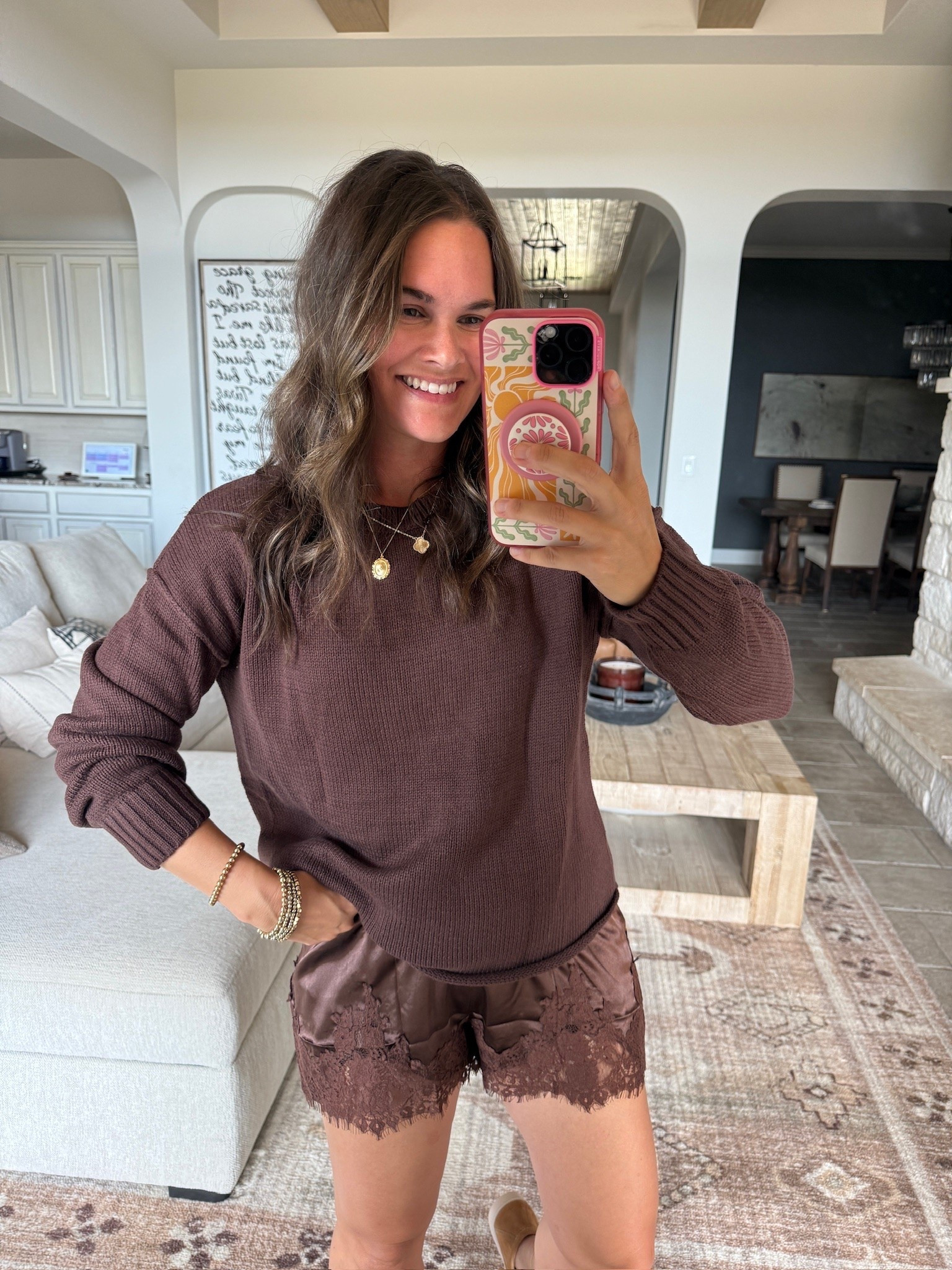 Chocolate brown + lace shorts might be my FAVORITE fall combo yet!! 🤎 The cozy sweater with the pretty lace details is SO good for those warmer fall days!

chocolate brown outfit, lace shorts, brown sweater, fall outfit, lace trim shorts, cozy fall sweater, monochromatic outfit, warm weather fall outfit, fall fashion, casual fall style, trending lace shorts, JulieFranks
