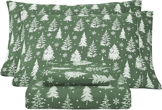 Queen Christmas Holiday Sheets, Pines Green Sheets with Corner Straps, Cozy Winter Bed Sheet Set ... | Amazon (US)