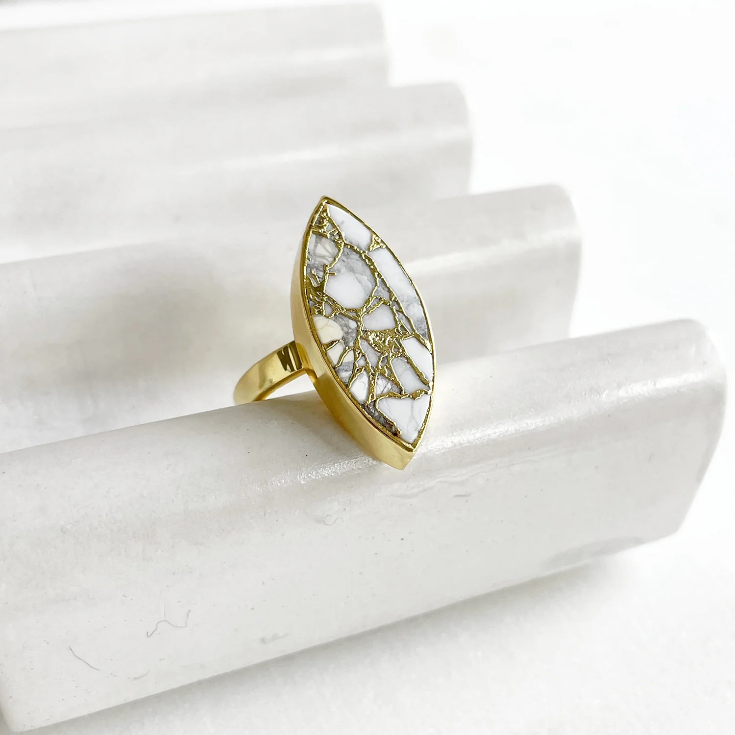 White Turquoise Marquise Statement Ring in Gold | Rustic Gem Jewelry