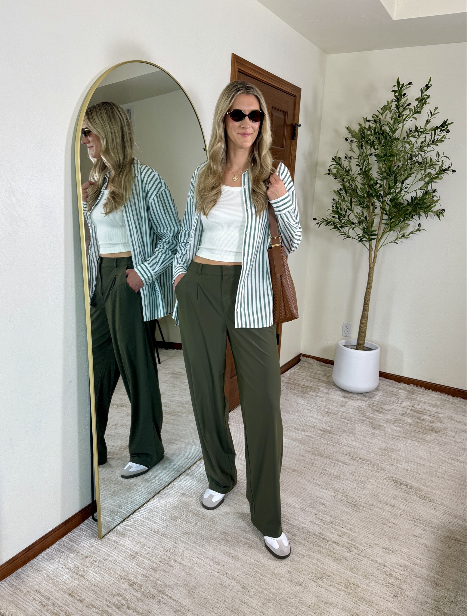 Wearing my true size medium tall in all. Love style in these athletic style trousers with a striped button down and stretchy cropped tank. Perfect elevated casual outfit or even for work. Workwear.

#LTKSaleAlert #LTKWorkwear #LTKTall