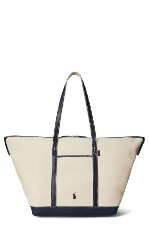 Polo Ralph Lauren Large Leather Trim Canvas Shopper Tote in Ecru/Navy at Nordstrom | Nordstrom