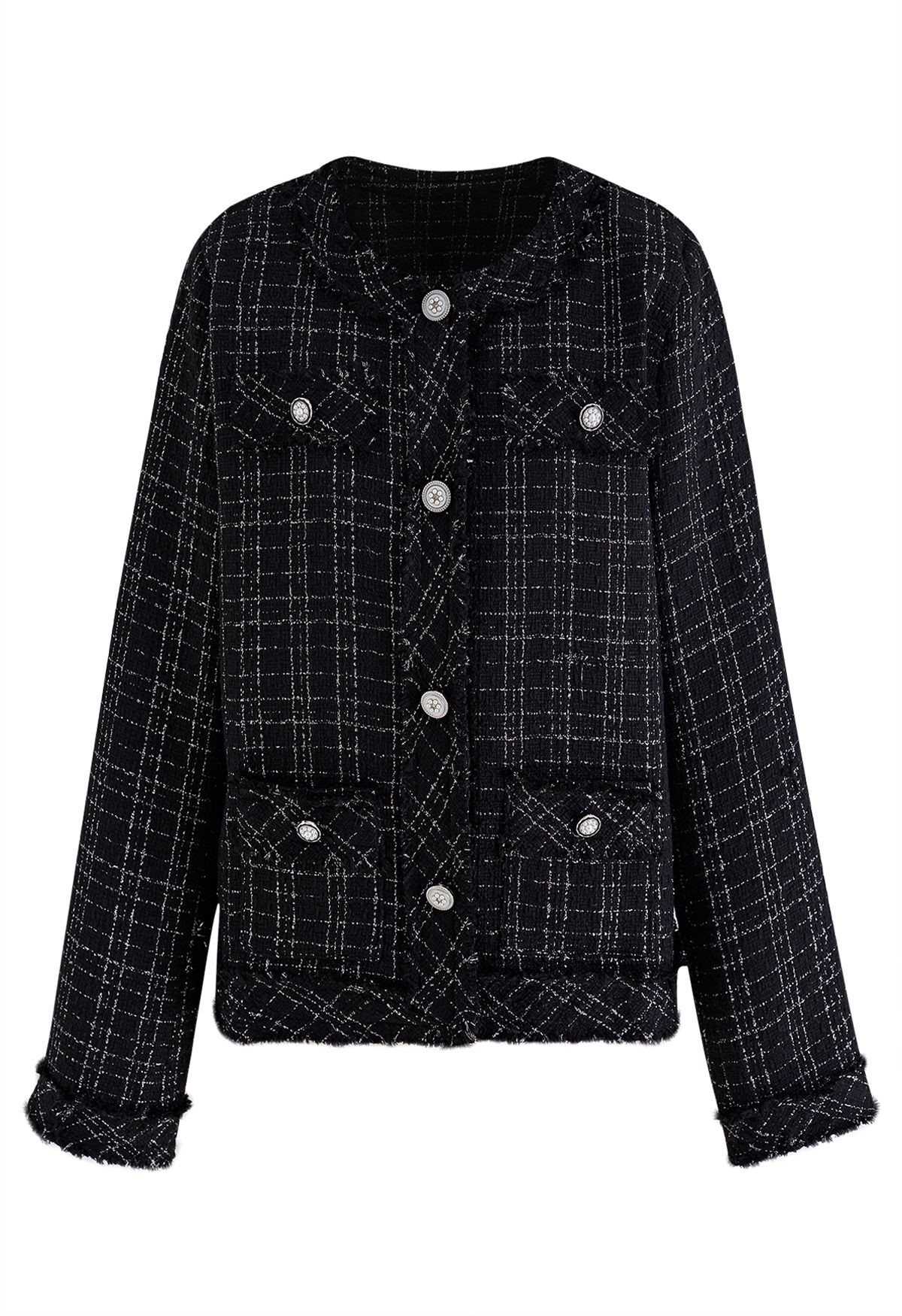 Nobby Collarless Grid Tweed Jacket in Black | Chicwish