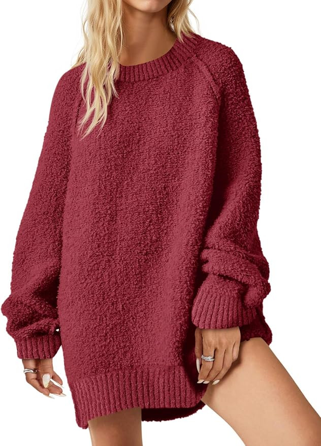 Saodimallsu Womens Oversized Sweater 2026 Spring Trendy Fuzzy Crew Neck Long Sleeve Casual Tunic ... | Amazon (US)