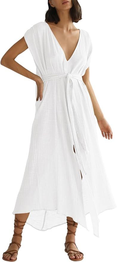 Saodimallsu Womens Deep V Neck Beach Dress Short Sleeve Backless Summer Maxi Dresses Tie Waist Co... | Amazon (US)