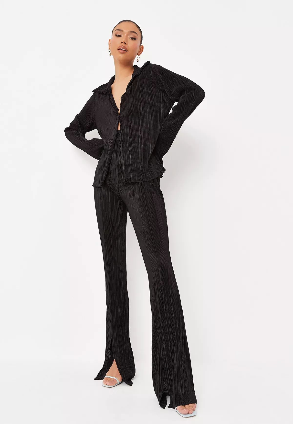 Tall Black Plisse Shirt And Flared Pants Co Ord Set | Missguided (US & CA)