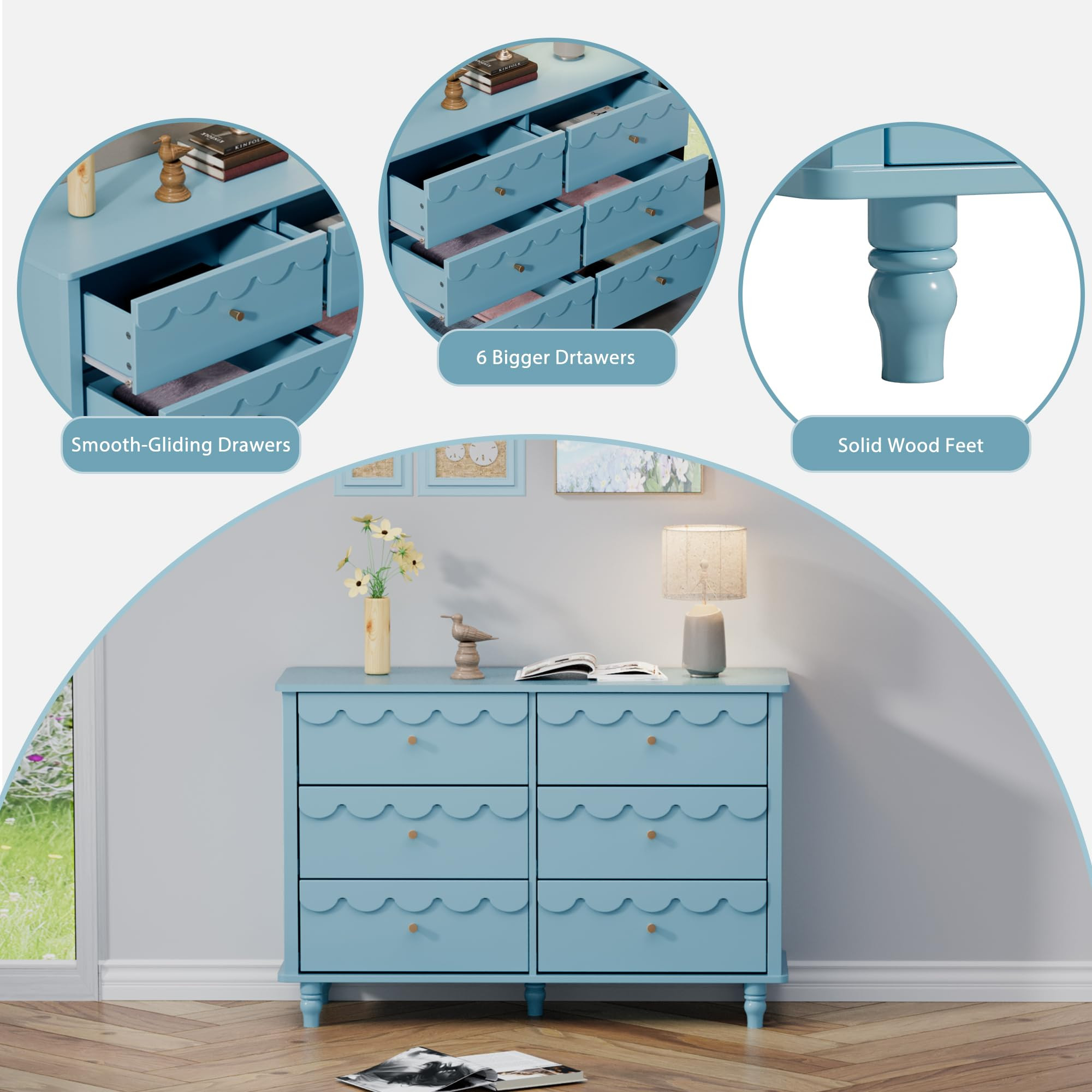 Anbuy 6 Drawer Dresser for Bedroom Blue, Modern Wide Chest of Drawers, Scalloped Organizer Storag... | Amazon (US)