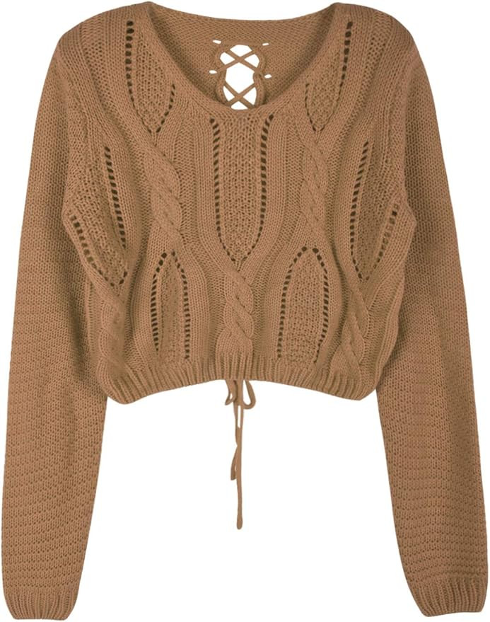 PrettyGuide Women's Cropped Sweater Long Sleeve Eyelet Cable Lace Up Goth Crop Tops | Amazon (US)