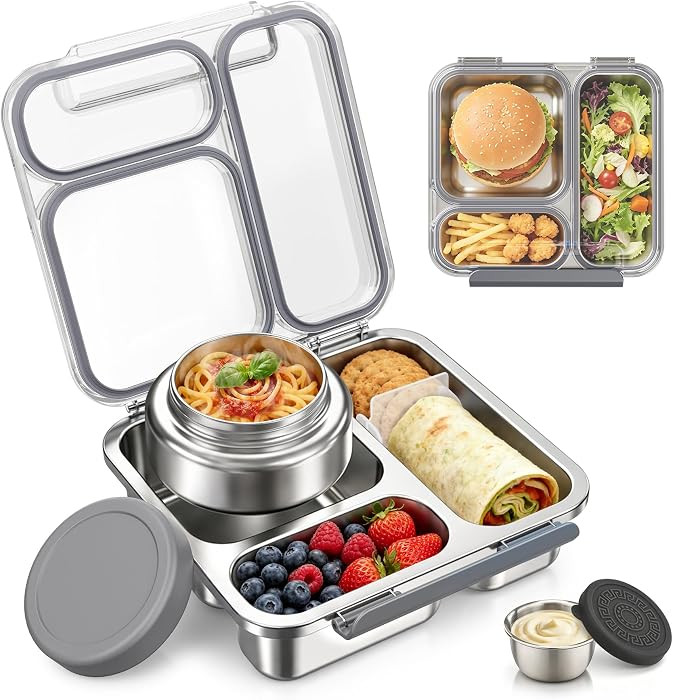 Pawtong Stainless Steel Bento Box Kids Adult with 7oz Insulated Food Jar, Transparent Lid Metal Lunch Box With Soup Thermal Jar, Lunch Box Container with Removable Divider & Sauce Cup School (Grey) | Amazon (US)