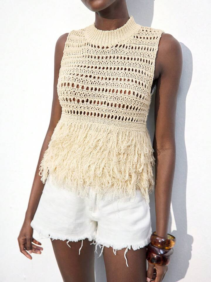 Maija Women's Apricot Solid Color Sleeveless Crew Neck Fringed Casual Top, Hollow Out Knitted Blo... | SHEIN