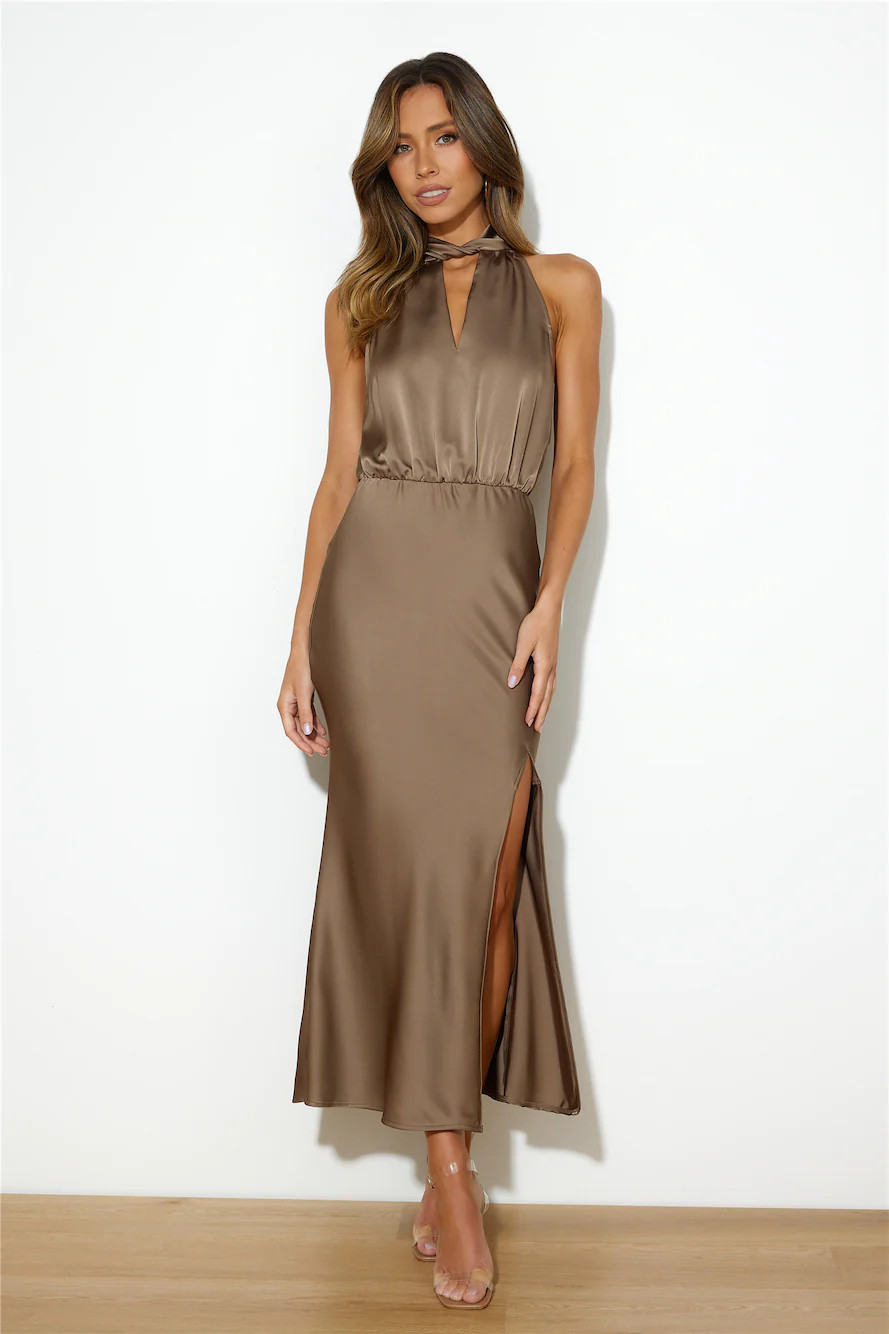 Girl Of The Moment Satin Maxi Dress Brown | Hello Molly (AU)