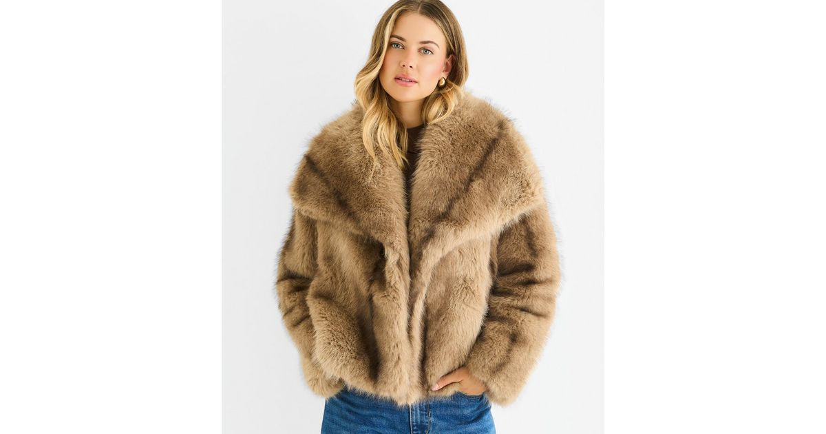 Gini London Camel Oversized Lapel Faux Fur Jacket | New Look | New Look (UK)
