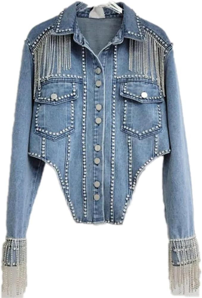 Dawery Spring Denim Diamonds Fringed Chain Jeans Coat Rhinestones Tassels Rivets Bomber Jacket Ca... | Amazon (US)