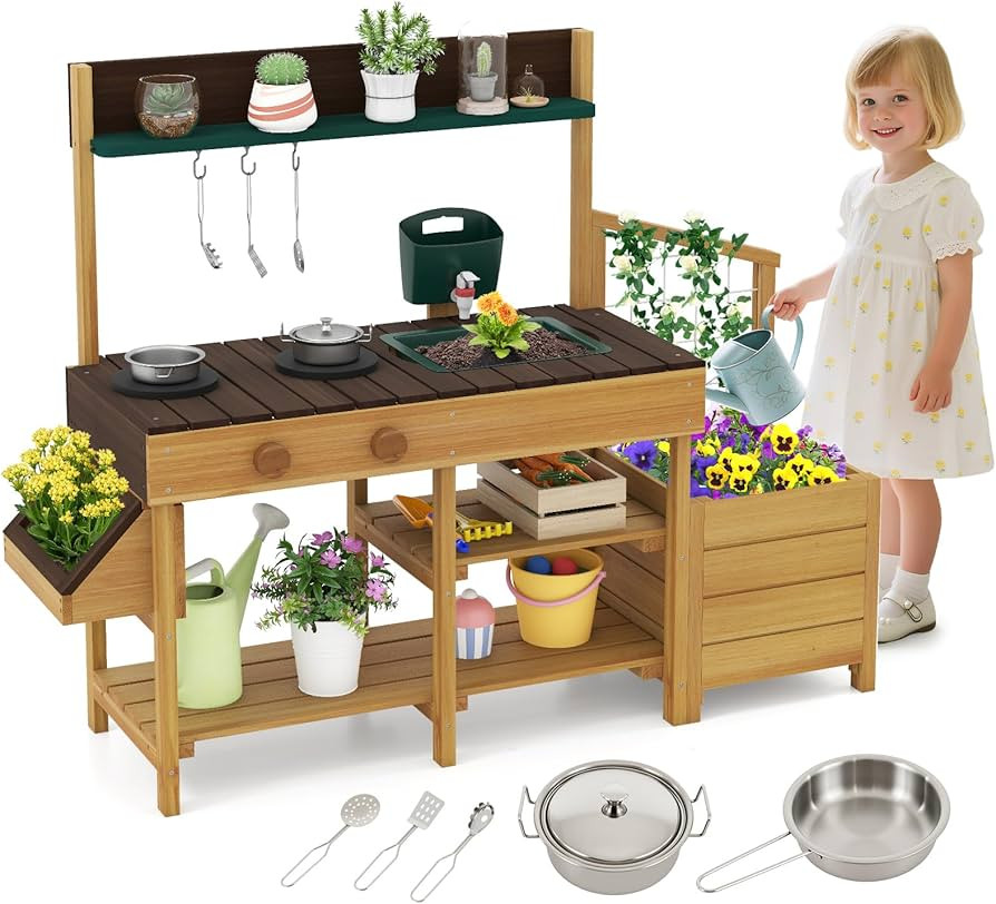 Costzon Mud Kitchen, Wooden Kids Potting Bench w/Removable Faucet, Sink, Stoves, Rotation Knobs, ... | Amazon (US)