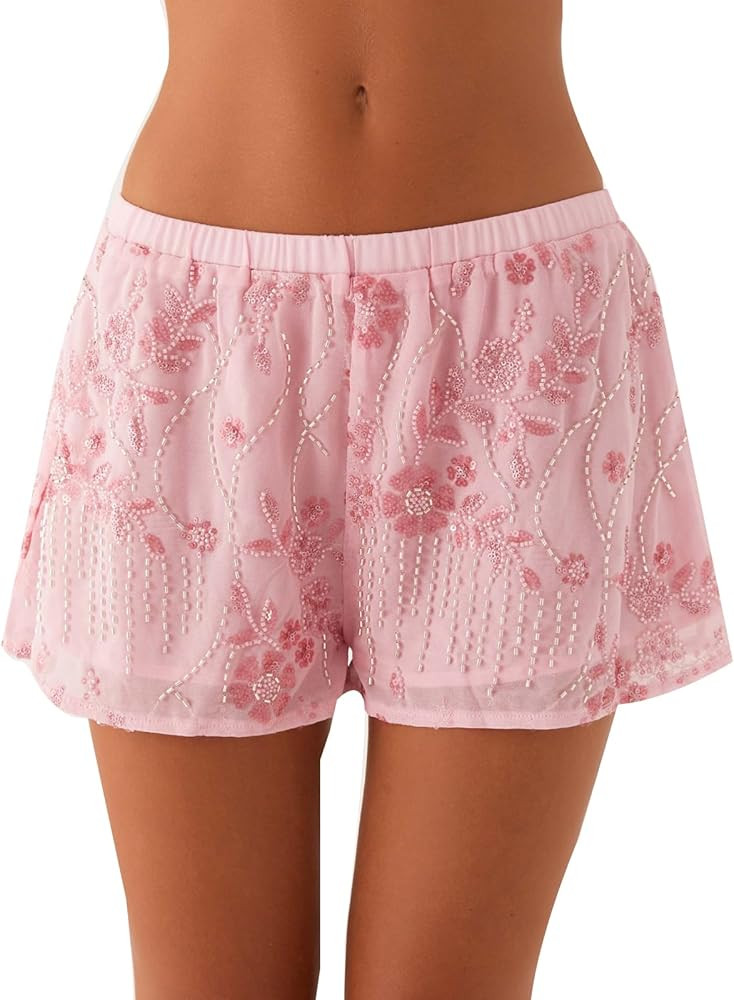JINZIYINZI Womens Sequin Sparkle Beaded Mini Shorts Y2k Low Rise Pearl Going Out Bottoms Summer B... | Amazon (US)